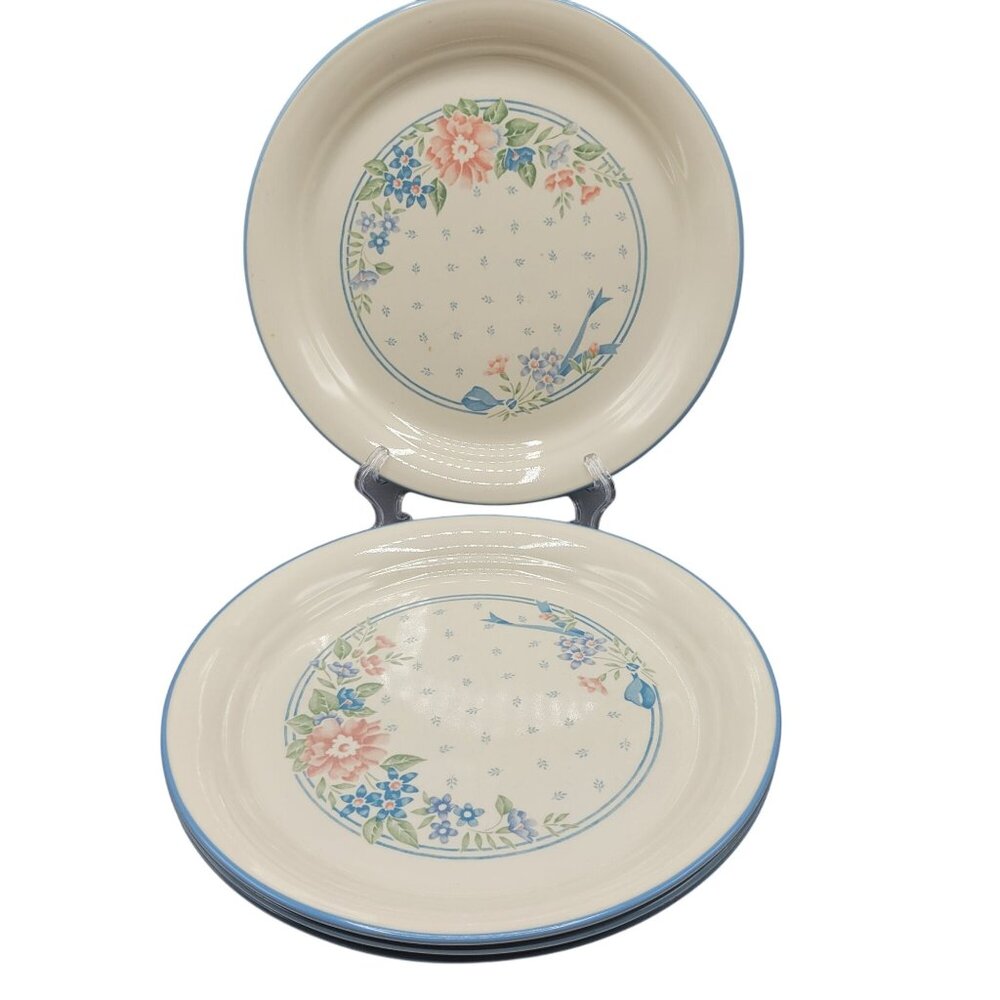 Vintage USA Corelle Symphony Blue Rim Set Of 4 Dinner Plates 10" Floral Design
